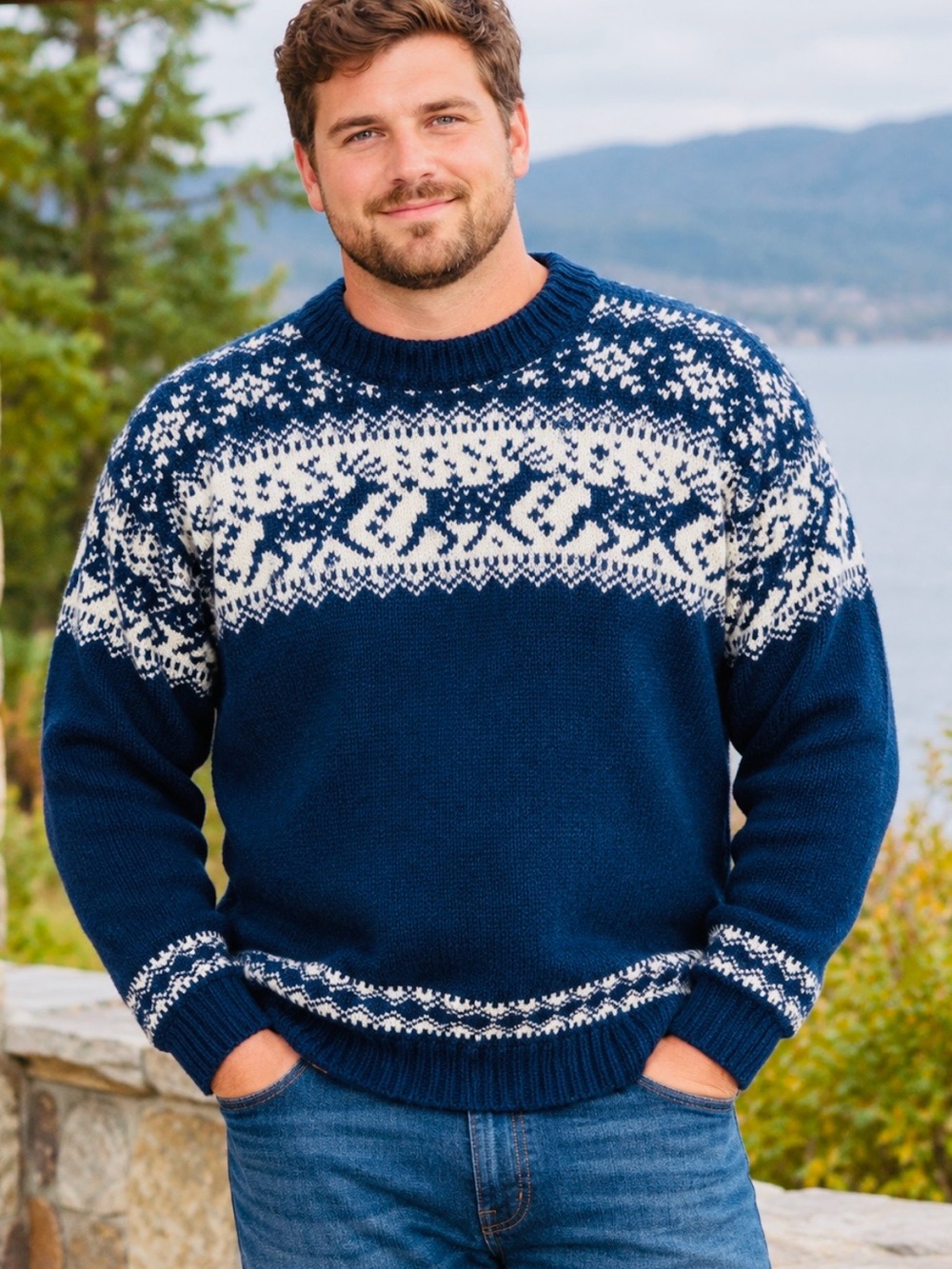 Dale of Norway 100% Wool Navy Blue & White Fair Isle Reindeer Crewneck Sweater L